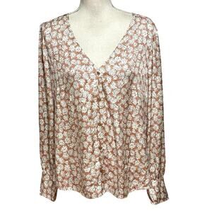 Tailored Rebecca Taylor Size 14 Button Up Blouse Top Brown Floral Print Silk